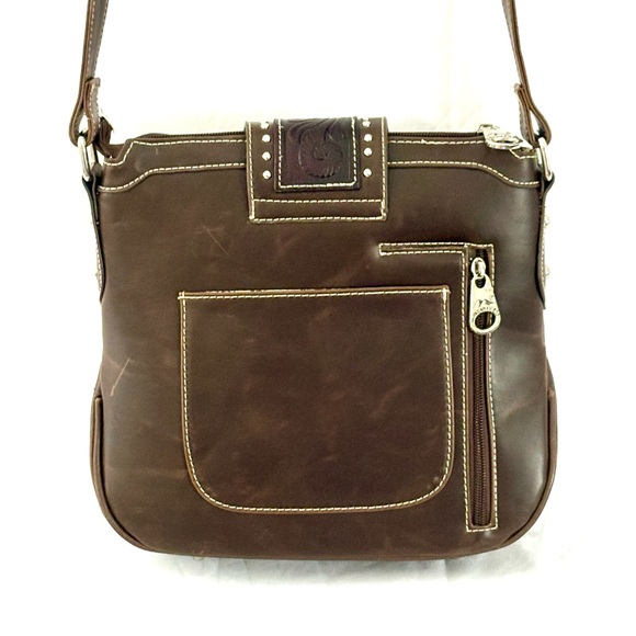 Montana West Western Style Tooled Leather And Studded Crossbody - Picture 3 of 15